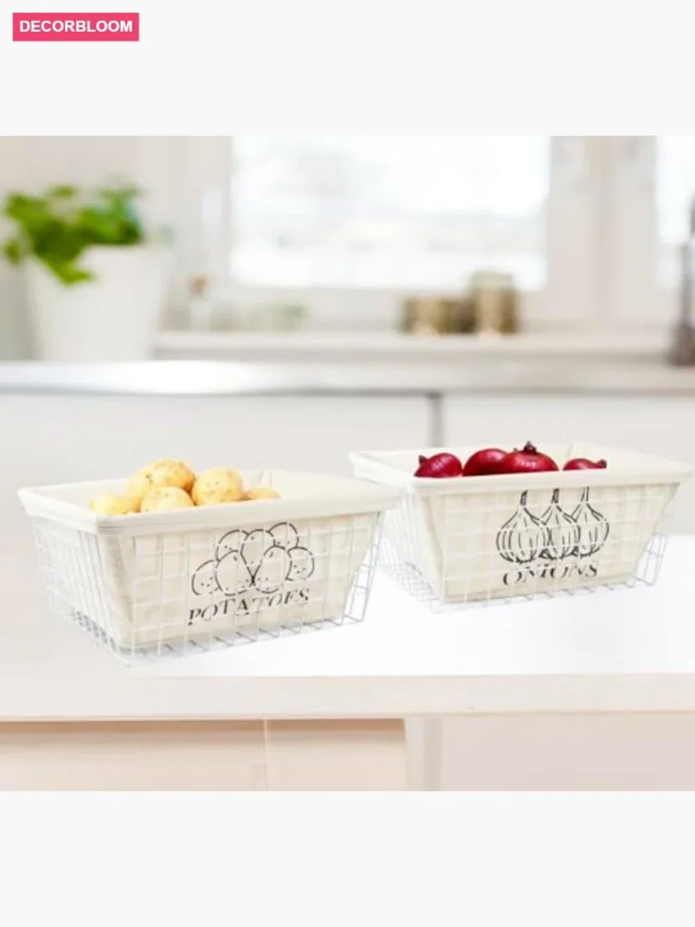 Potato and Onion Storage Baskets, Metal Wire with Cotton Lining, Kitchen Pantry